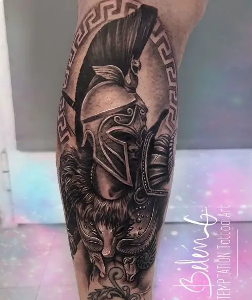 Realistic Spartan Warrior Leg Sleeve Tattoo