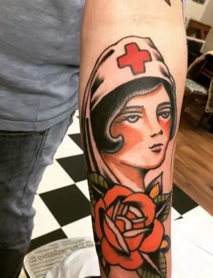 Nurse and Rose on Forearm Tattoo