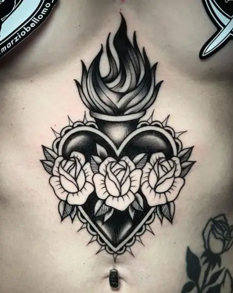 Black and White Roses and Sacred Heart Stomach Tattoo