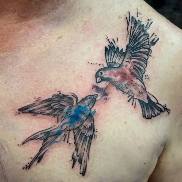 Colored Sparrows Chest Tattoo