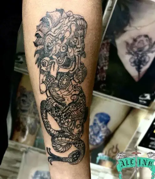 Black and Grey Mayan Serpent Forearm Tattoo
