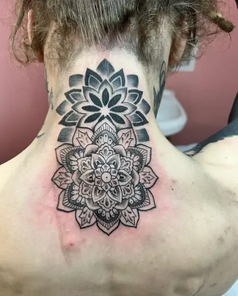 Grey Shaded Mandala Neck Tattoo