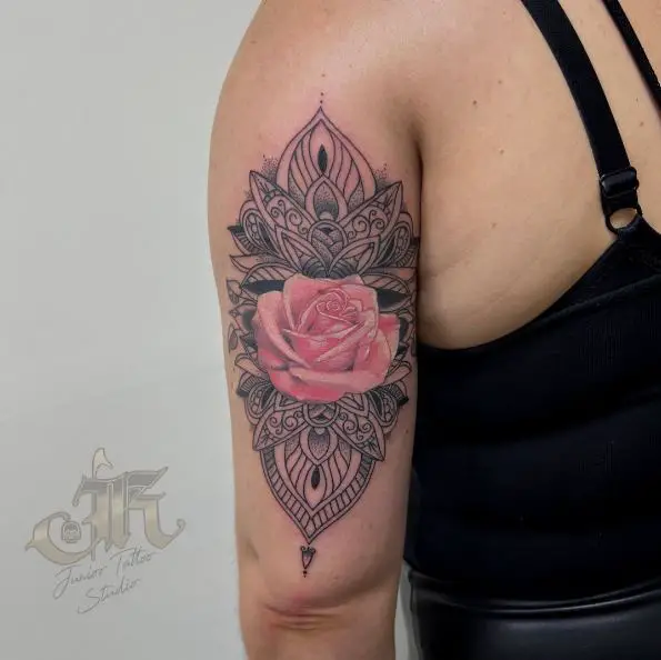 Pink Rose with Mandala Arm Tattoo