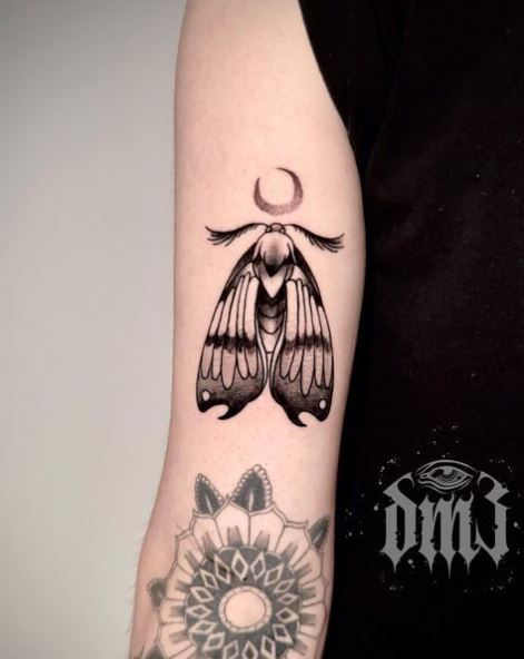 Black and Grey Moth Biceps Tattoo