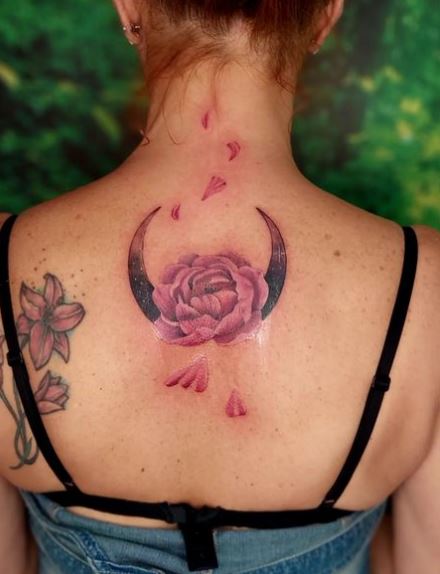 Pink Rose Falling Petals and Half Moon Upper Back Tattoo