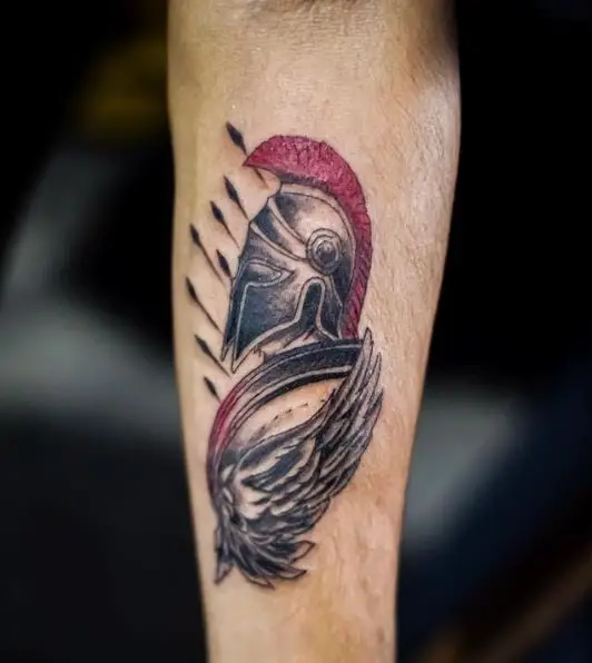 Colored Spartan Warrior with Red Plume Tattoo