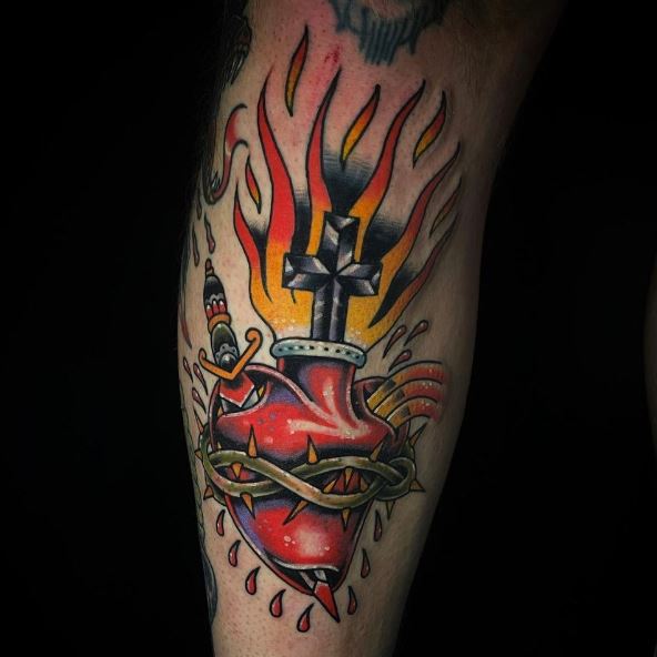 Colorful Bleeding Sacred Heart Leg Tattoo