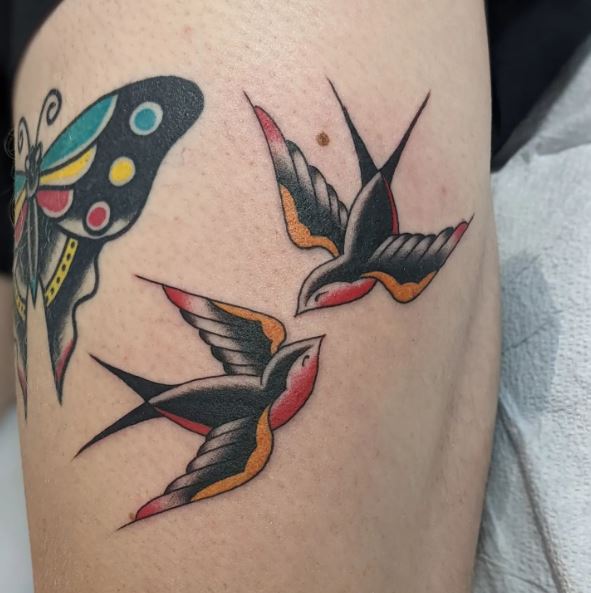 Butterfly and Two Sparrows Leg Tattoo