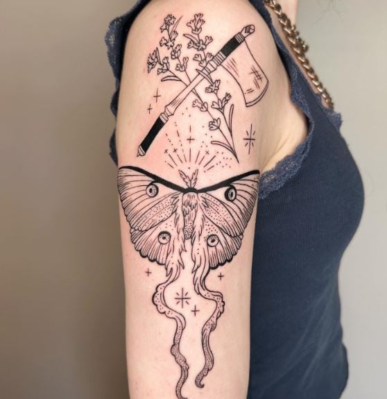 Hatchet and Lavender with Moth Arm Tattoo