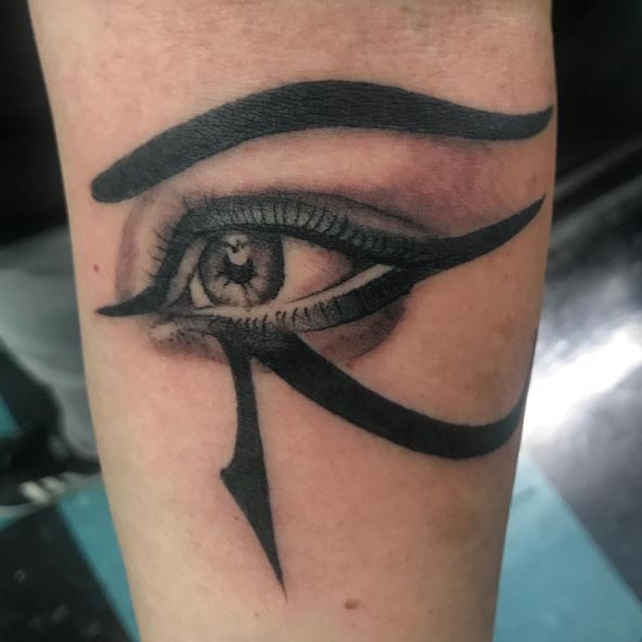 Black Bold Lined Eye of Horus Forearm Tattoo