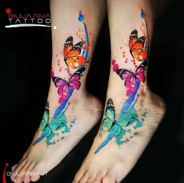Colorful Butterflies Ankles Tattoos