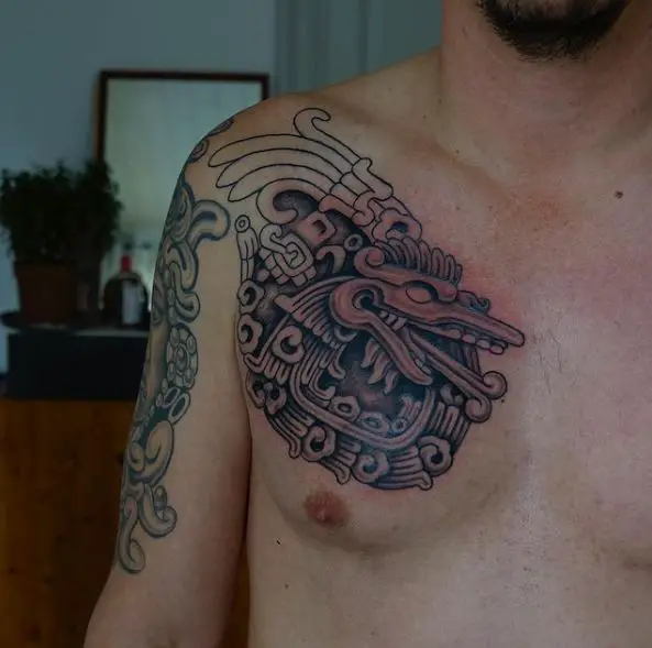 Grey Mayan Serpent Chest Tattoo