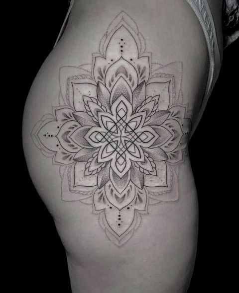 Shaded Mandala Hip Tattoo