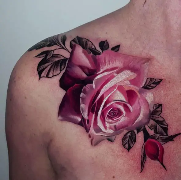 Big Pink Rose Shoulder to Chest Tattoo