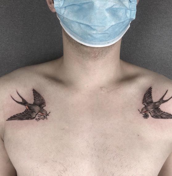 Flying Two Swallows with Branches in Beaks Shoulders Tattoo