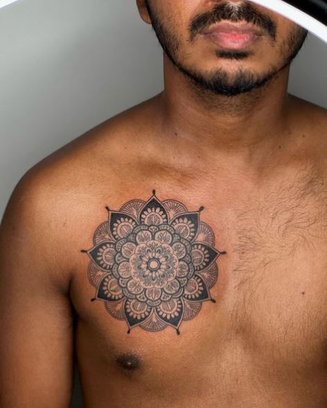 Black and Grey Mandala Chest Tattoo