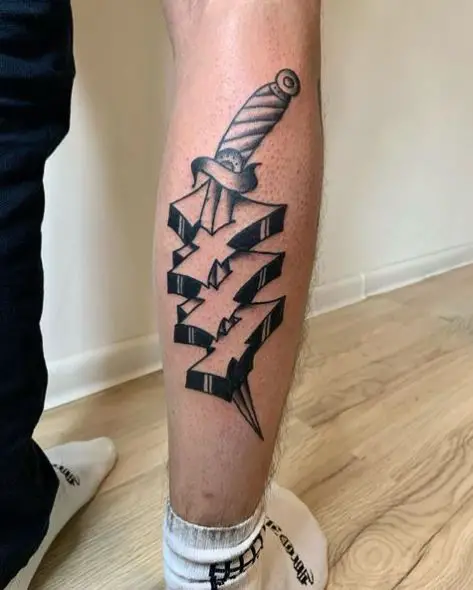 Dagger Thru 3D 777 Calf Muscle Tattoo