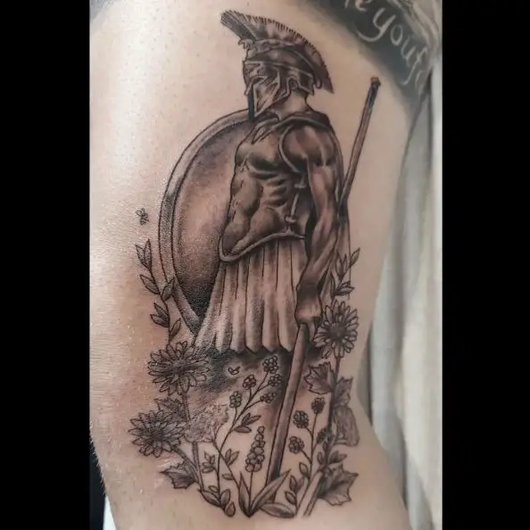 Flowers and Spartan Warrior Leg Tattoo