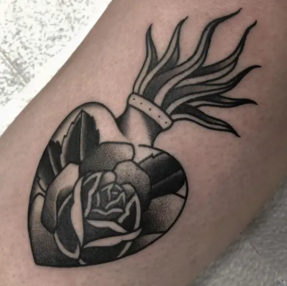 Grey Rose in Sacred Heart Tattoo