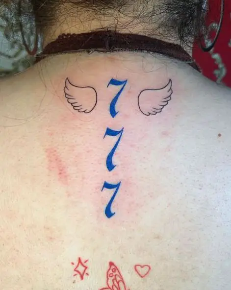 Angel Number 777 Spine Tattoo with Wings