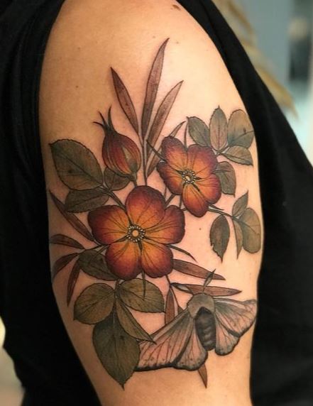 Orange Flowers and Grey Moth Arm Tattoo