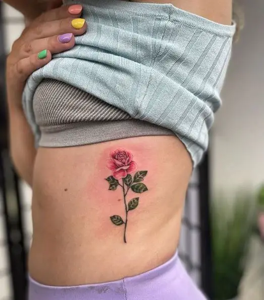 Pretty Pink Rose Ribs Tattoo
