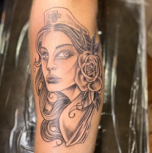 Shaded Nurse with Rose in Hair Tattoo
