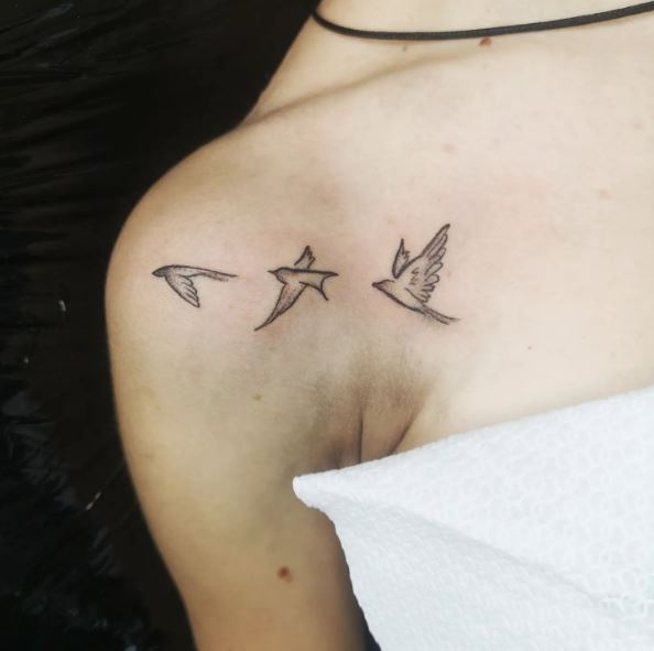 Grey Flying Family Swallow Shoulder Tattoo