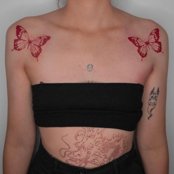 Symmetrical Red Butterflies Both Shoulders Tattoos