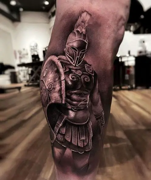 Full Figure of Spartan Warrior Calf Muscle Tattoo