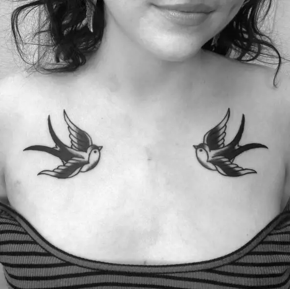 Black and Grey Two Sparrows Chest Tattoo