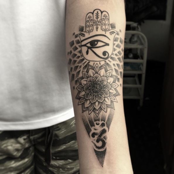 Hamsa Hand Flower and Eye of Horus Tattoo