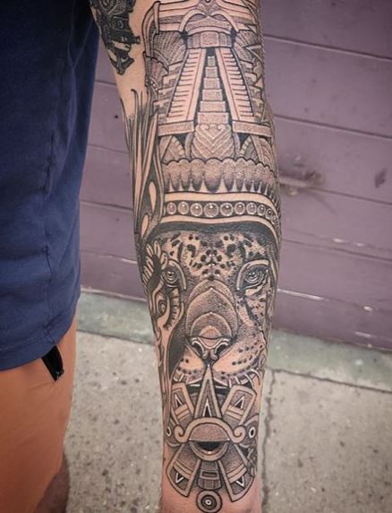 Temple and Mayan Jaguar Forearm Tattoo