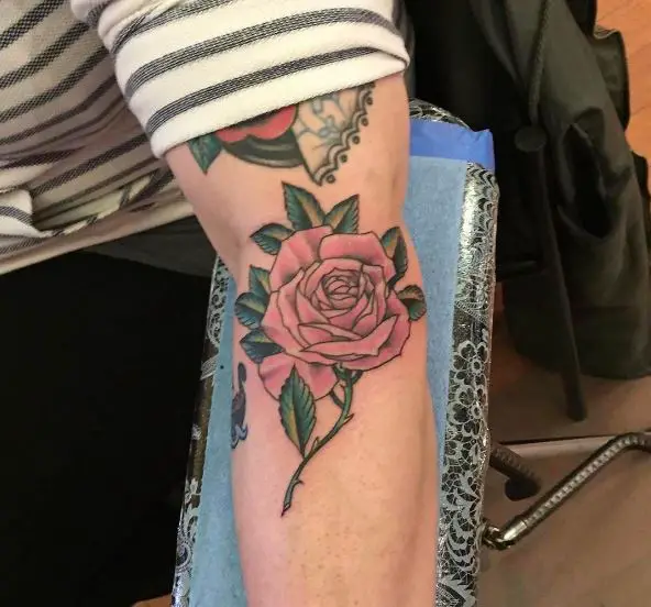Pink Rose with Green Leaves Elbow Tattoo