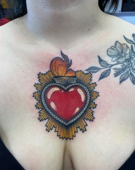 Shiny Red Sacred Heart Chest Tattoo