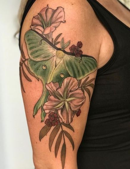 Moon Flowers and Green Moth Arm Tattoo