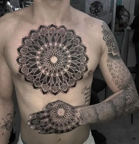 Mandala Chest and Full Arm Sleeve Tattoo