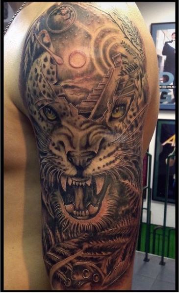 Black and Grey Mayan Jaguar Half Sleeve Tattoo