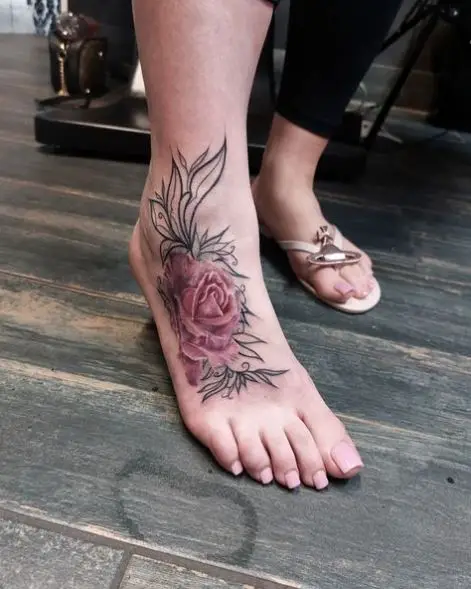 Pink Rose Foot Tattoo