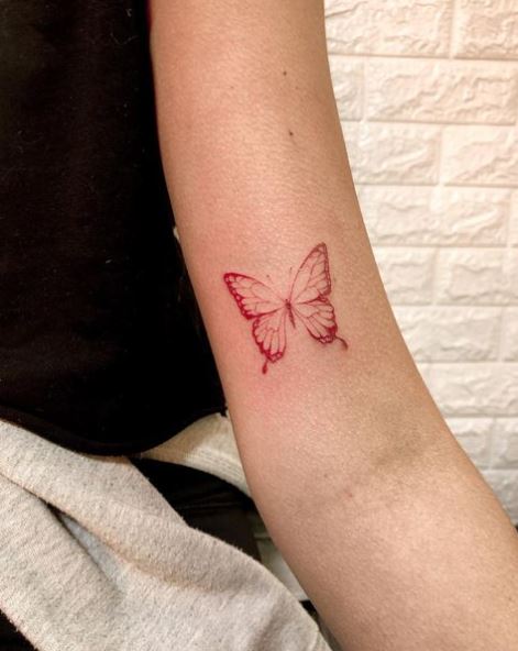 Line-Work Red Monarch Butterfly Arm Tattoo