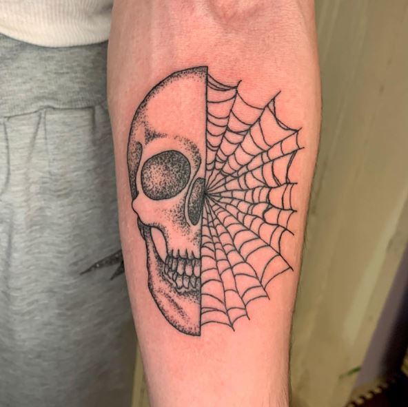 Grey Half Skull Half Spider Web Arm Tattoo