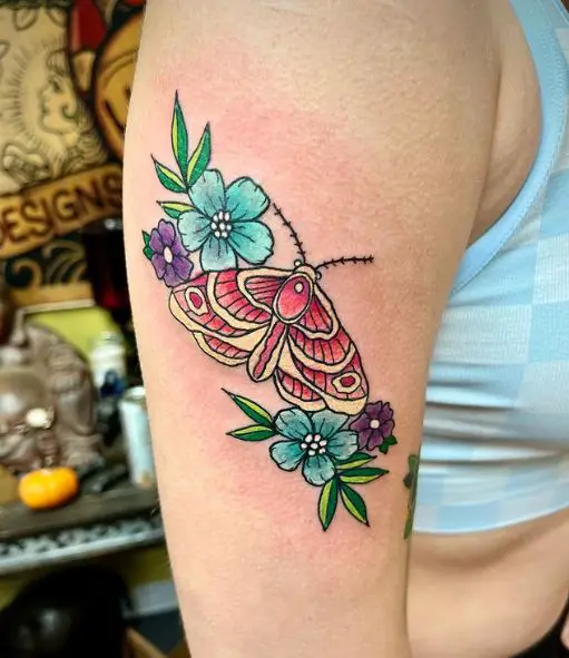 Colorful Flowers and Red Moth Arm Tattoo