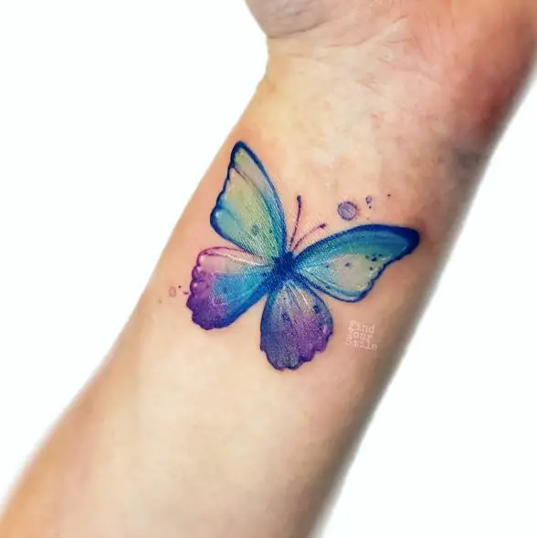 Blue and Violet Butterfly Wrist Tattoo