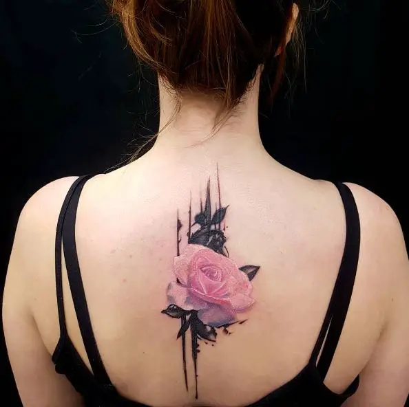 Pink Rose with Black Contrast Spine Tattoo