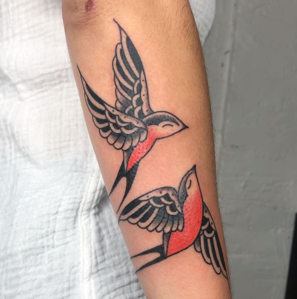 Two Flying Sparrows Forearm Tattoo
