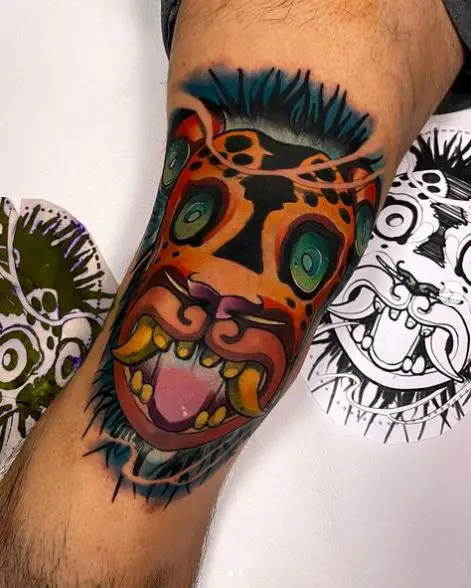 Cartoon Inspired Mayan Jaguar Knee Tattoo