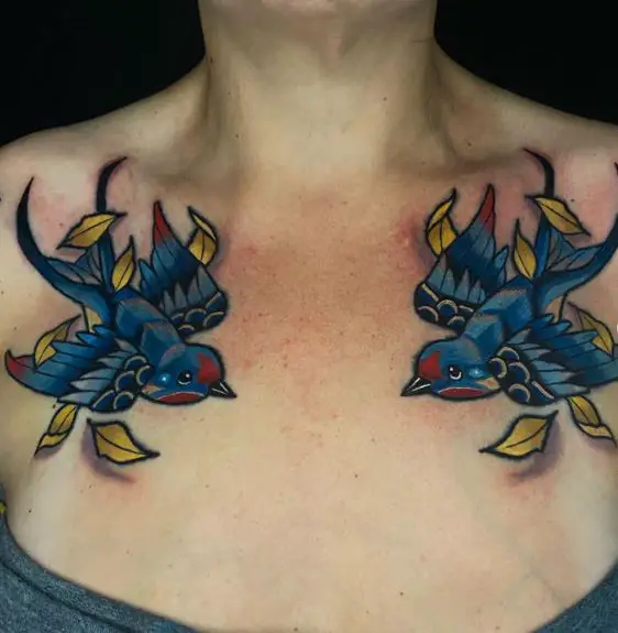 Two Blue Sparrows Chest Tattoo
