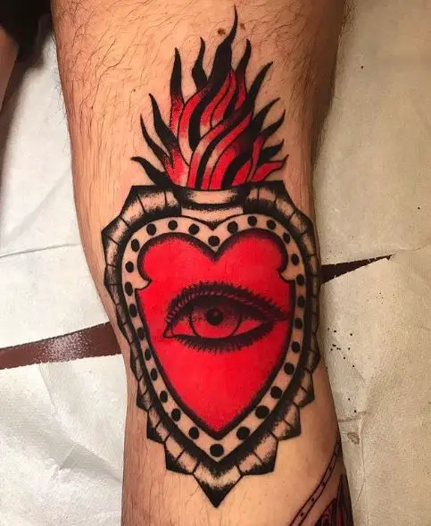 Red Eye in Sacred Heart Knee Tattoo