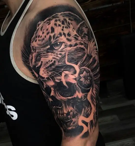 Skull and Mayan Jaguar Arm Tattoo