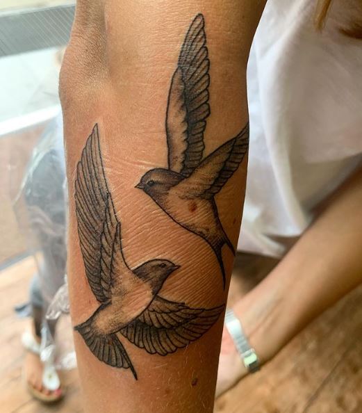 Black and White Sparrows Elbow Tattoo